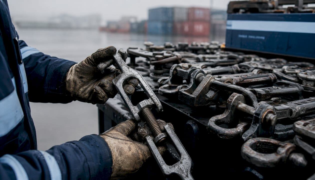 Hands inspecting certified container lashing equipment