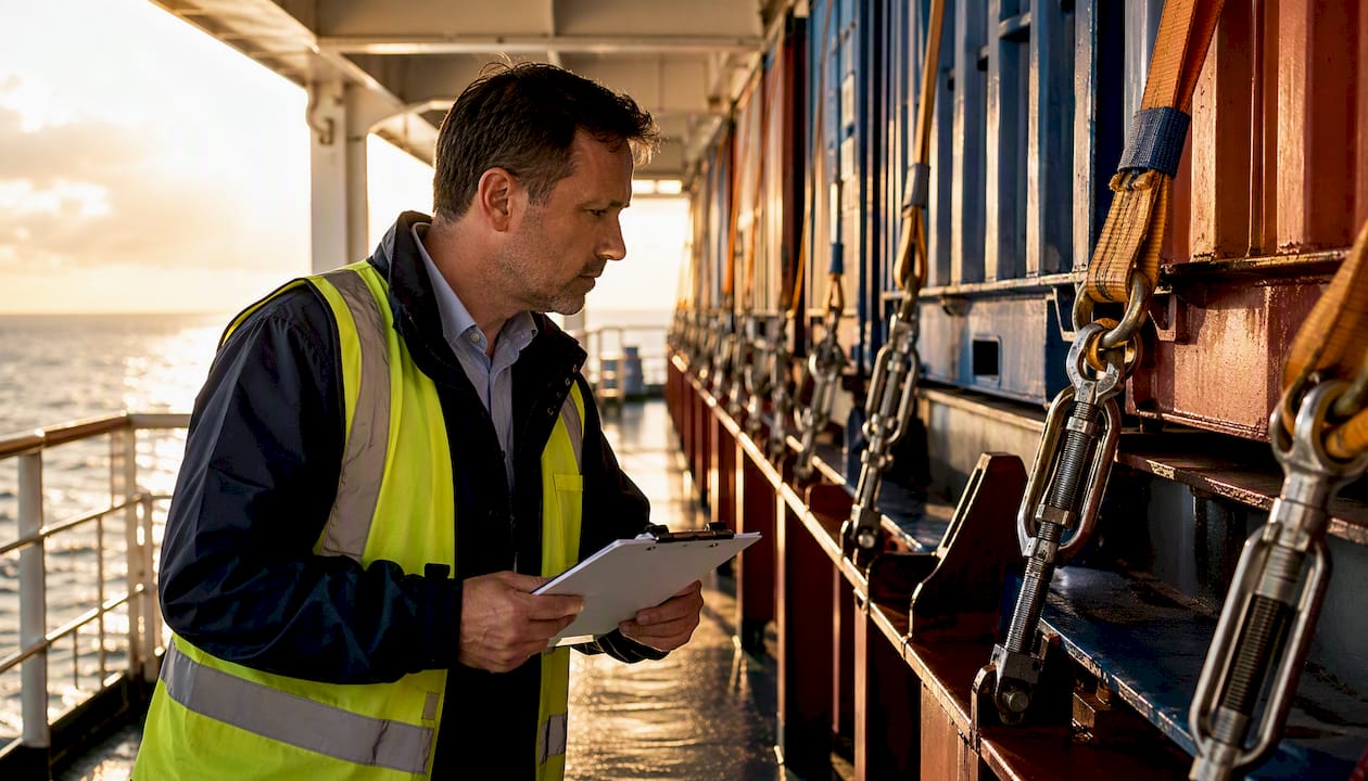 Logistics professional inspecting container lashing on ship deck