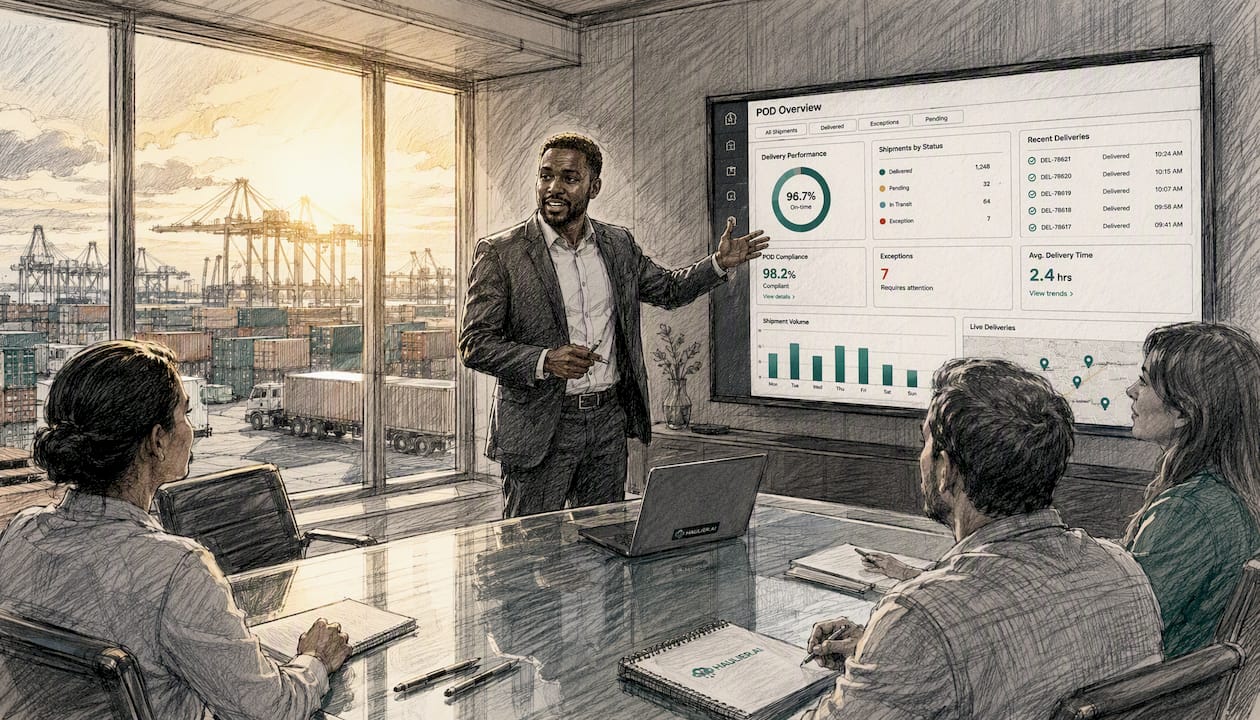 Logistics manager using digital POD touchscreen in office