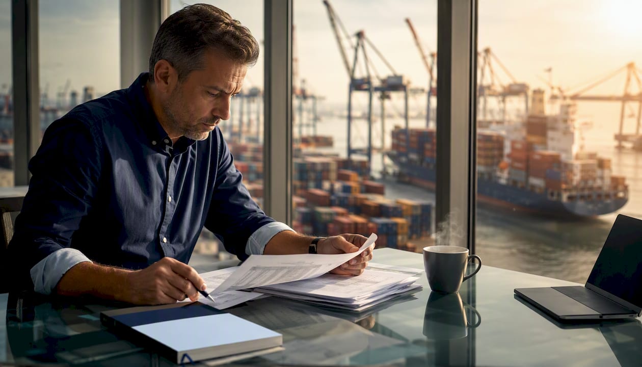 Logistics manager reviewing port delivery documents