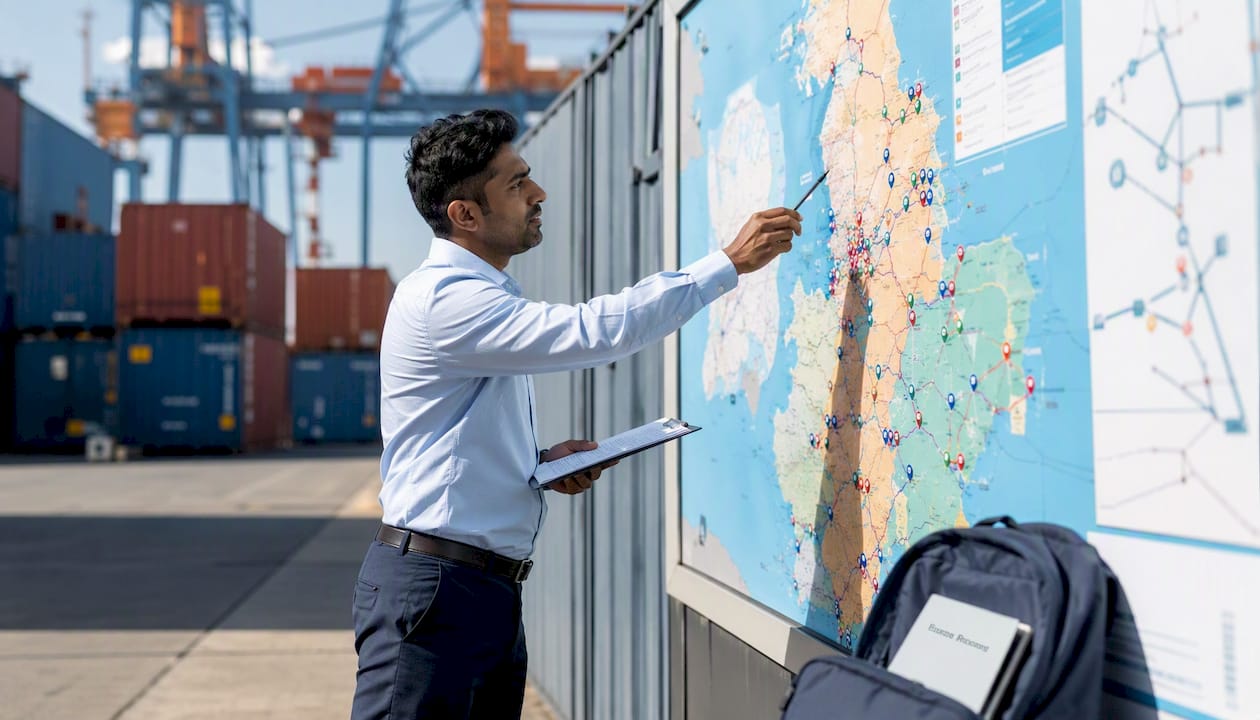 Logistics manager reviewing UK port storage map