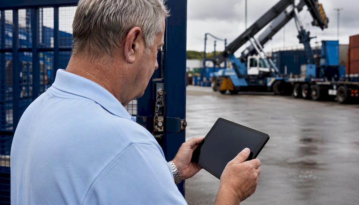 Supervisor checking equipment at container depot