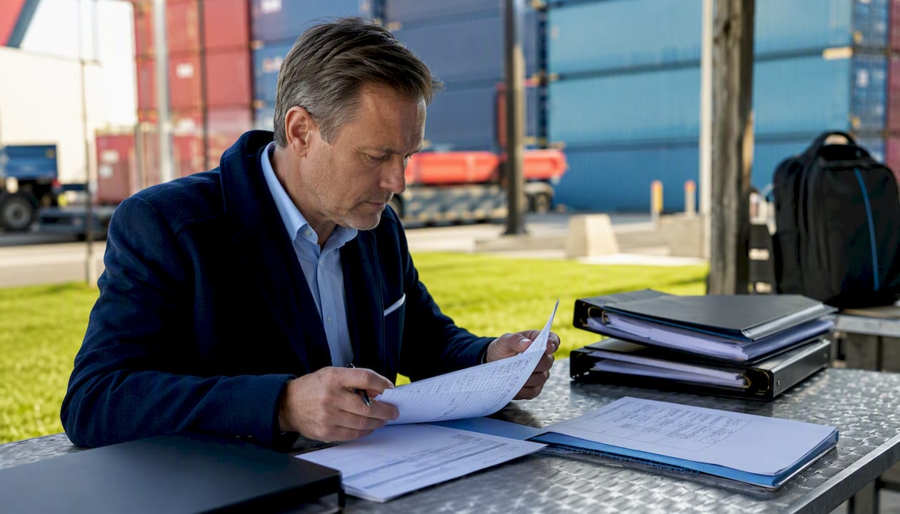 Hands checking haulier logbook and port passes inside truck cab