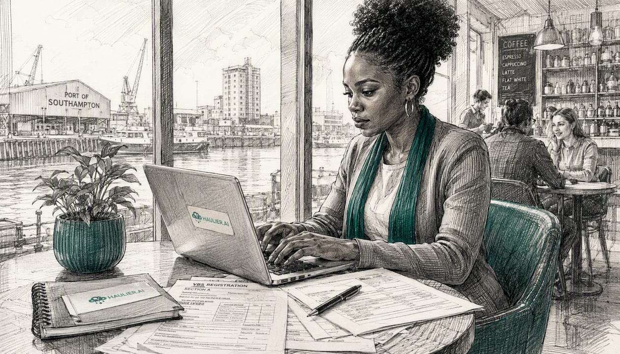 Haulier registering company details on laptop