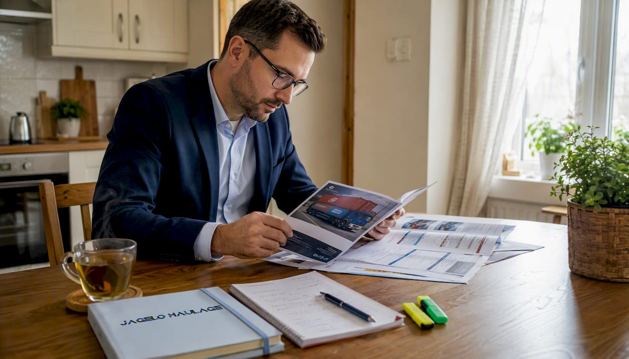 Logistics manager reviewing container haulage suppliers