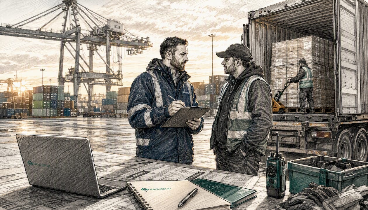 Freight forwarder managing container pickup at UK port