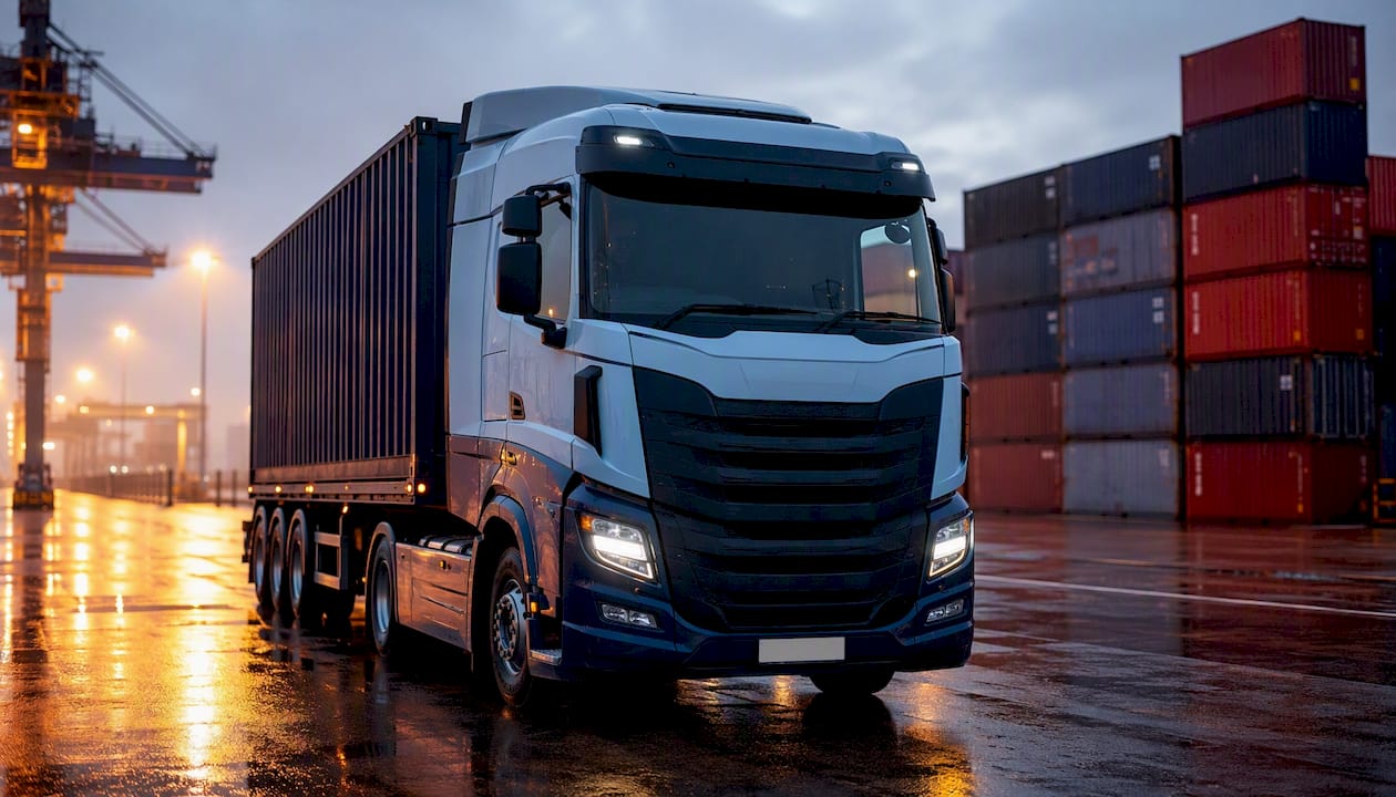 Modern container haulage truck at UK port terminal