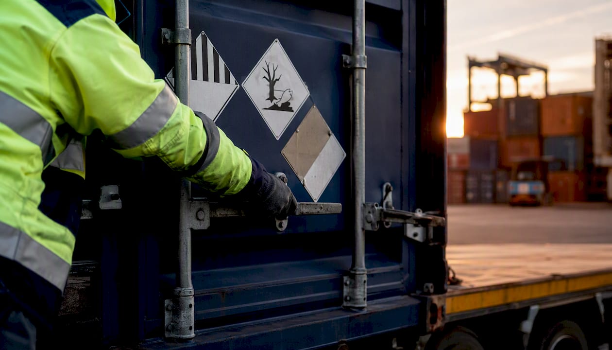 Worker securing ADR hazardous goods container
