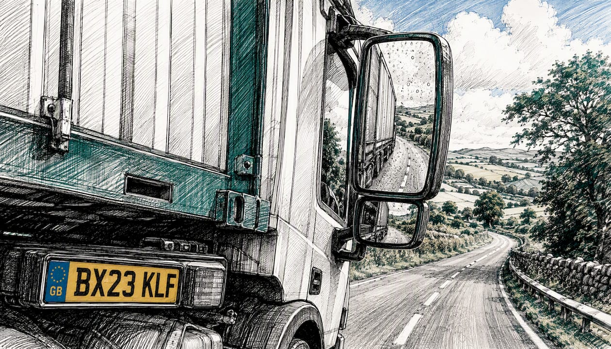 Close-up of container haulage truck side mirror on UK road