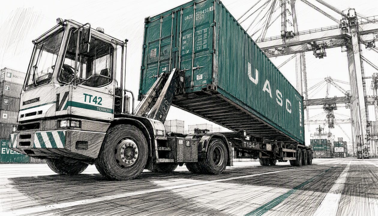 Container truck loading at UK port shuttle