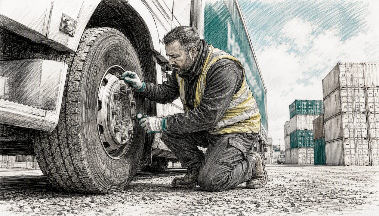 HGV driver checking truck tire pressure