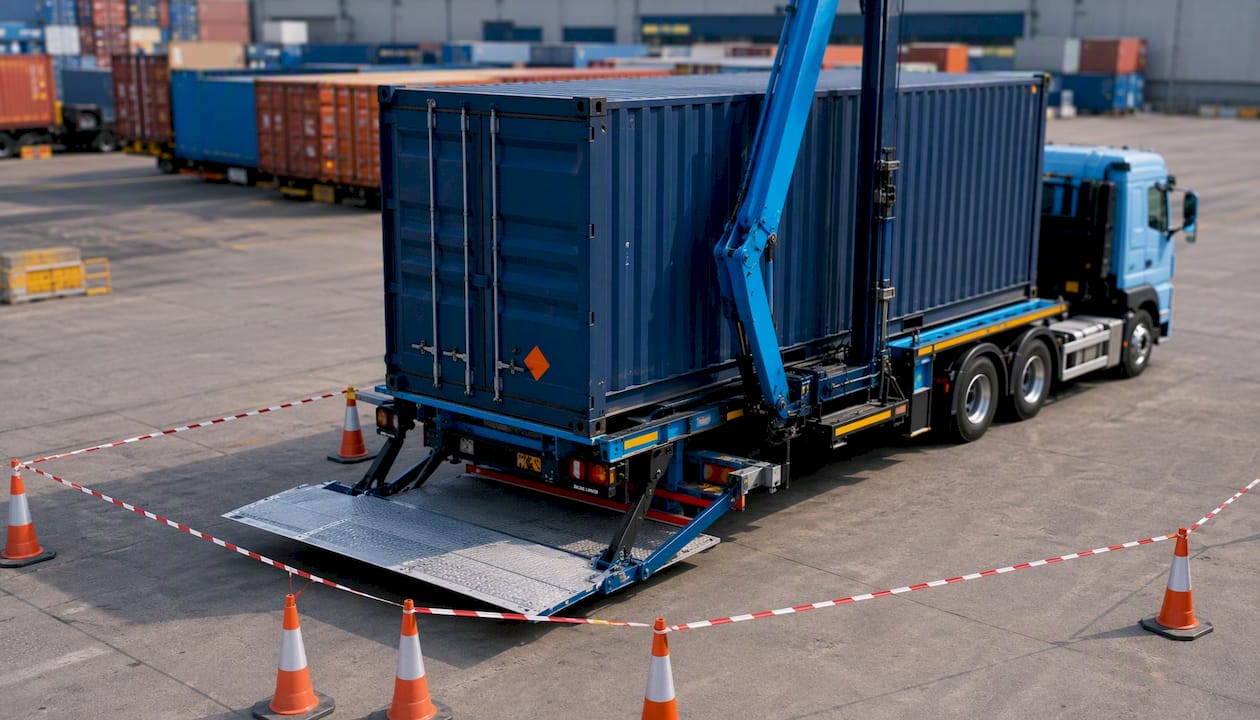 ADR certified vehicle loading hazardous container
