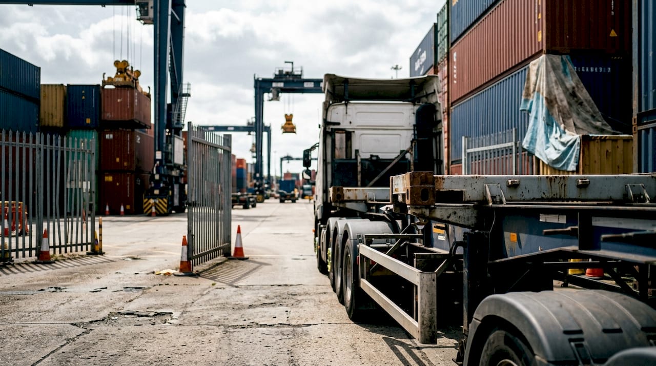 Container haulage truck at UK port terminal