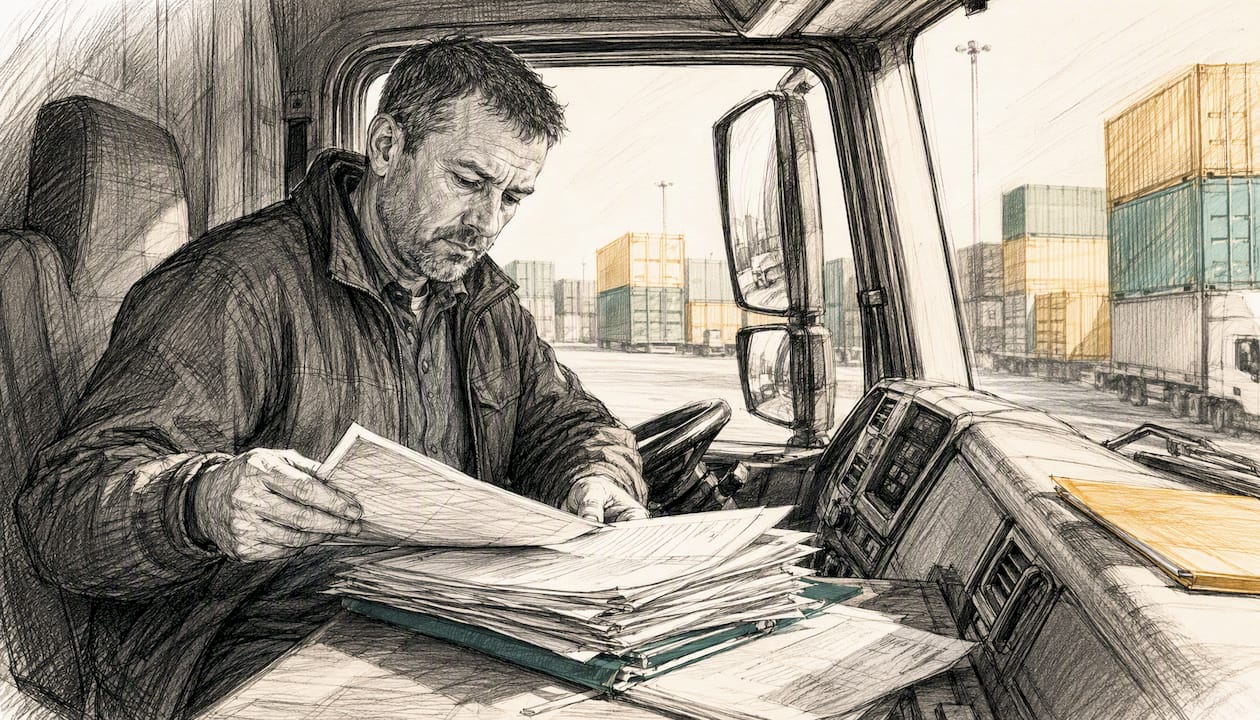 Truck driver attaching reference card inside cab