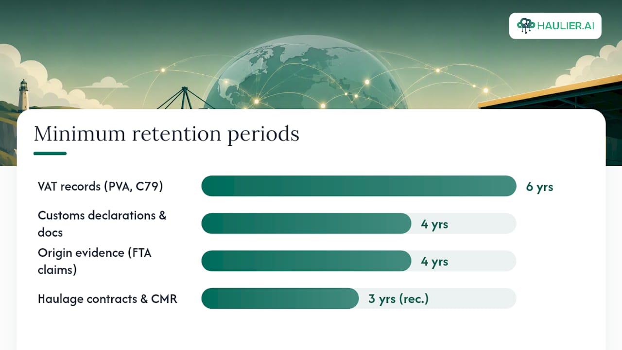 Diagram of UK import compliance document retention timelines
