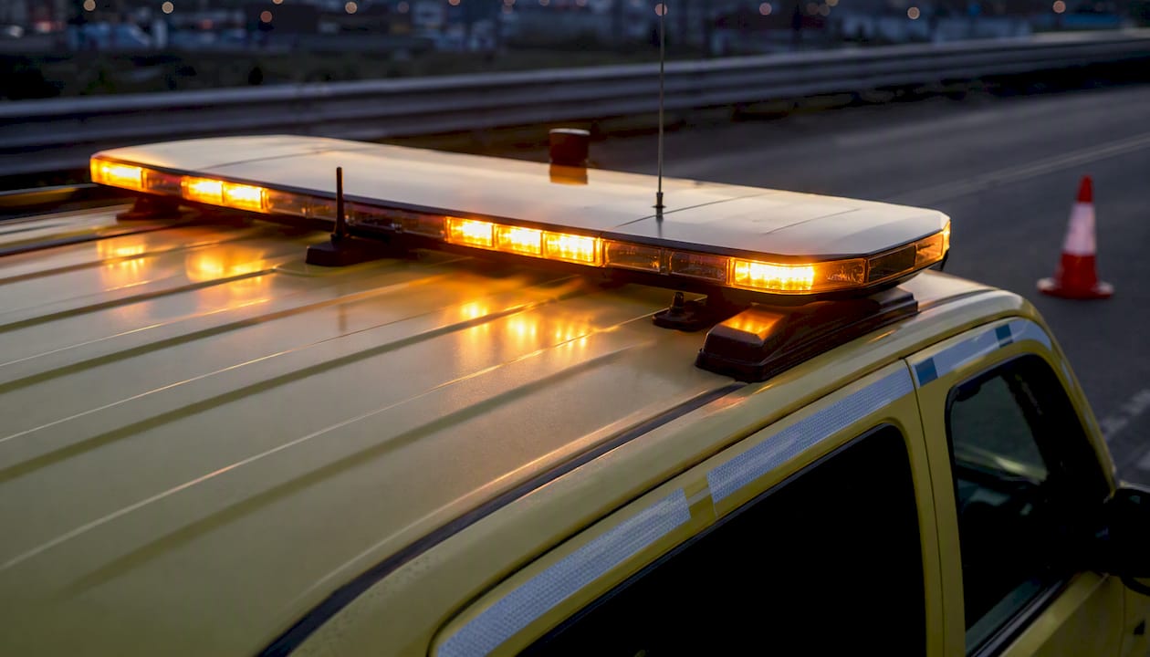Full-width amber ECE R65 lightbar on escort vehicle roof