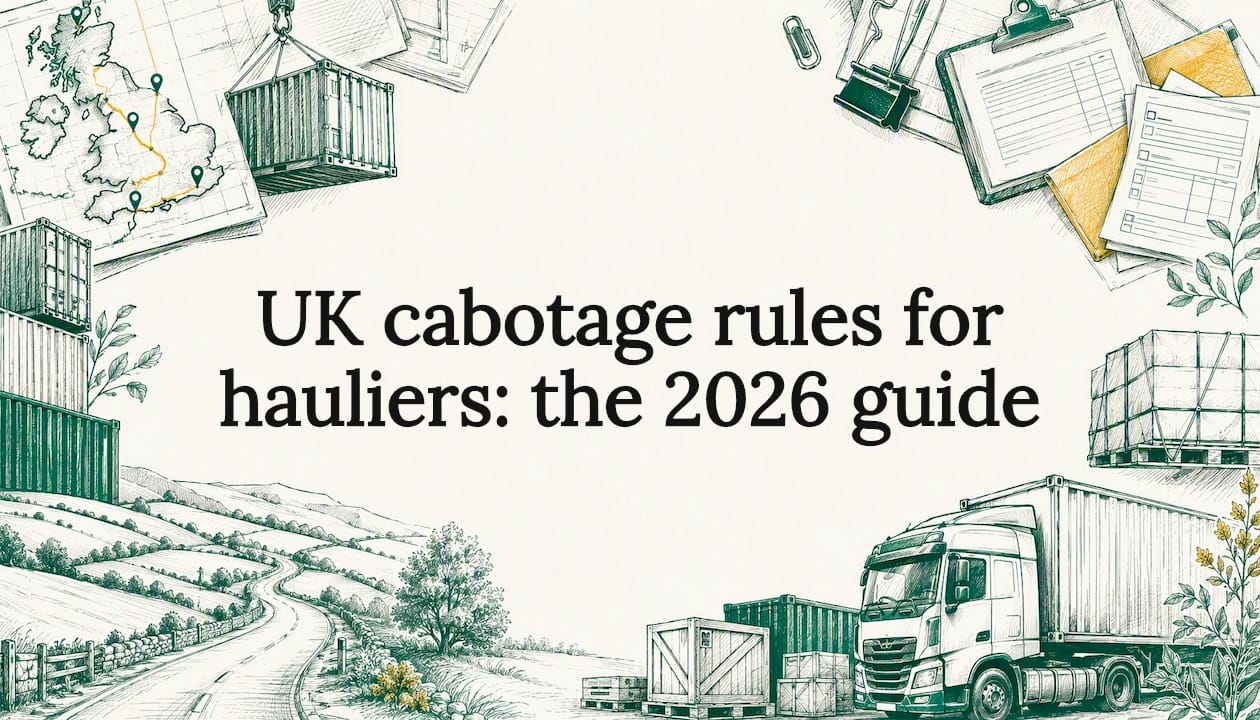 Decorative title card illustration with UK haulage sketches