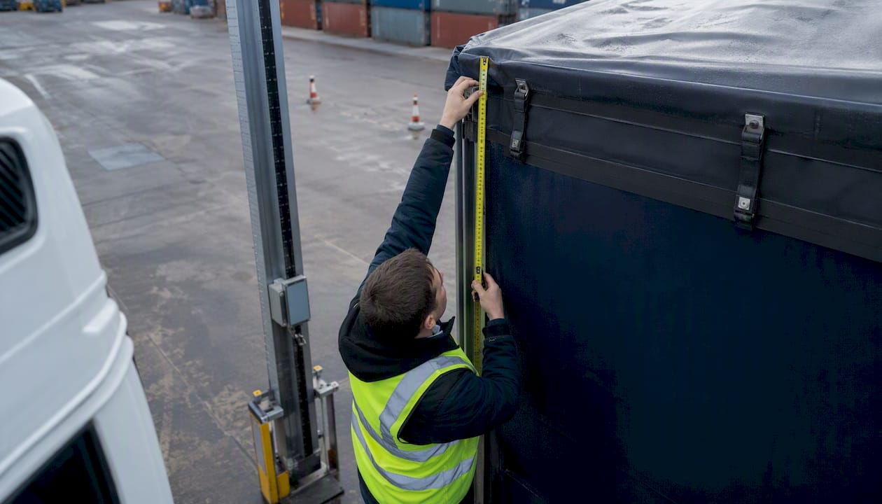 Driver measuring lorry height with tape measure