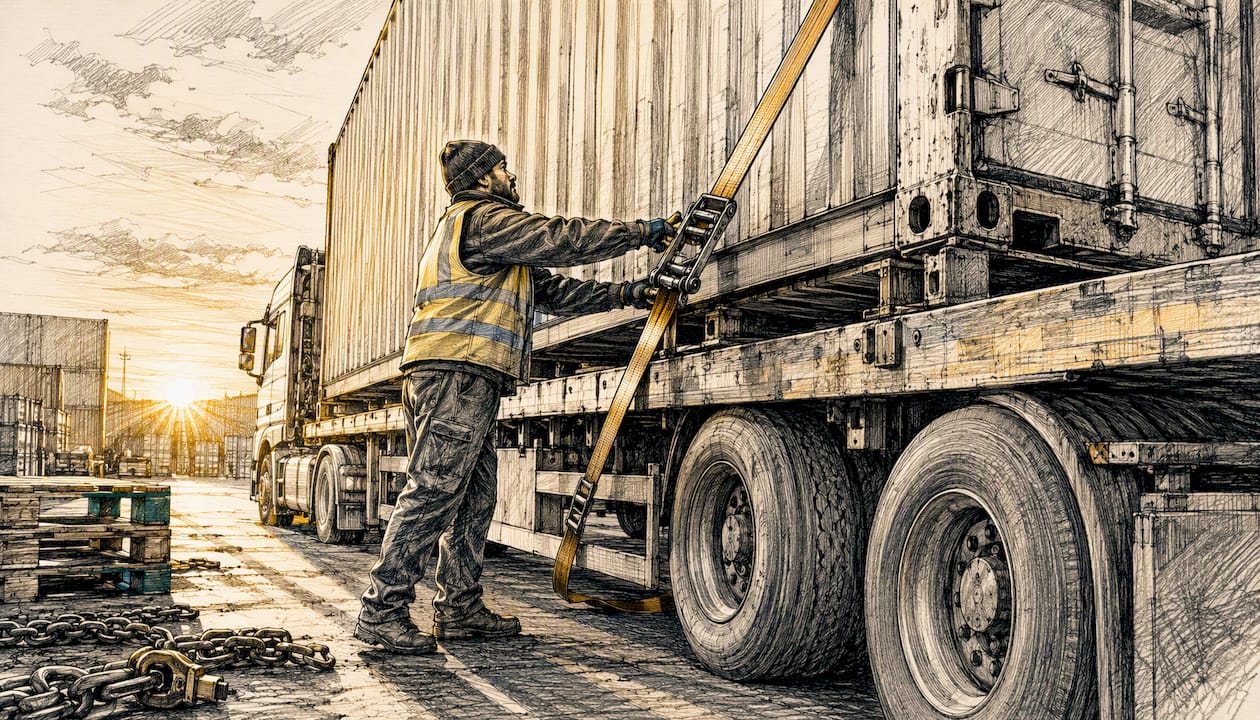 Driver securing large container onto truck