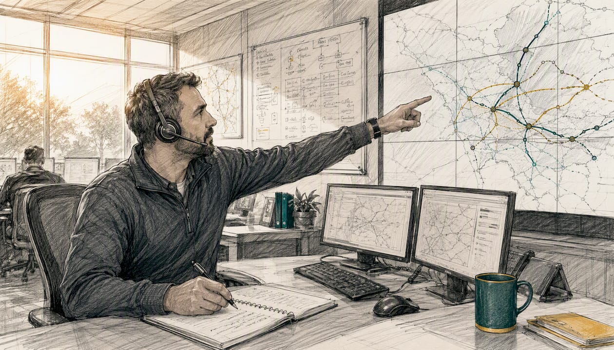 Dispatcher pointing at shipment route map