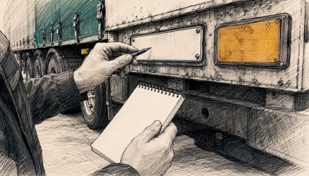 Hands inspecting trailer registration at dock