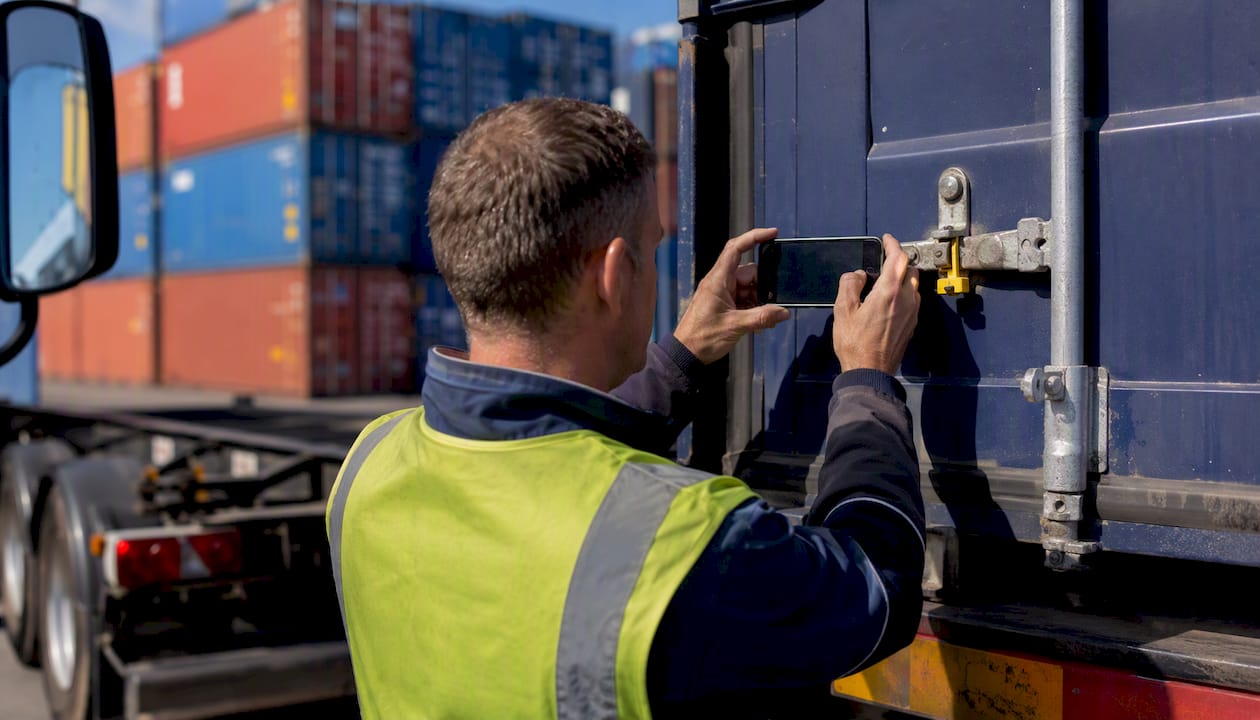 Driver photographing container seal at UK port