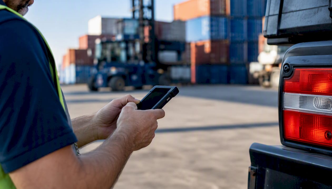 Driver scanning container with device at freight yard