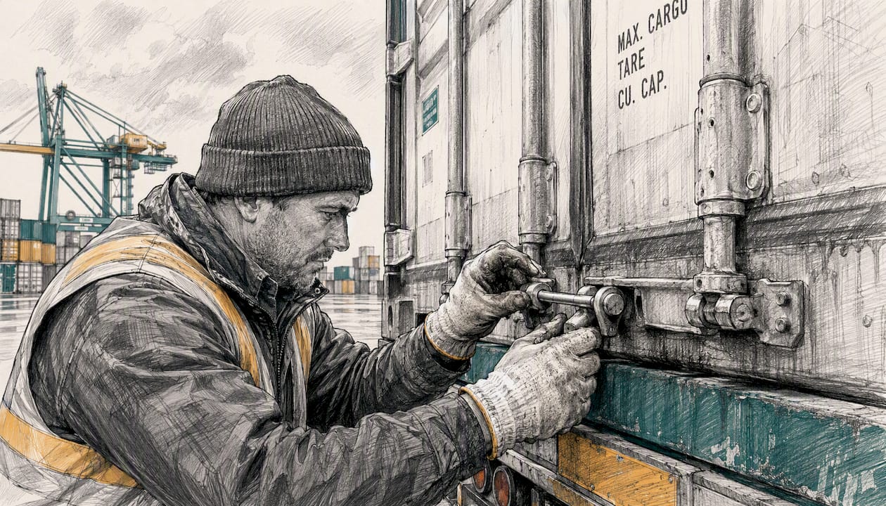 Worker inspecting container locks in yard