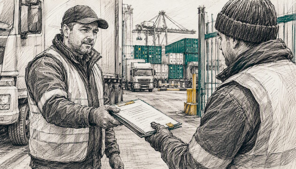 Haulier handing off delivery documents at port