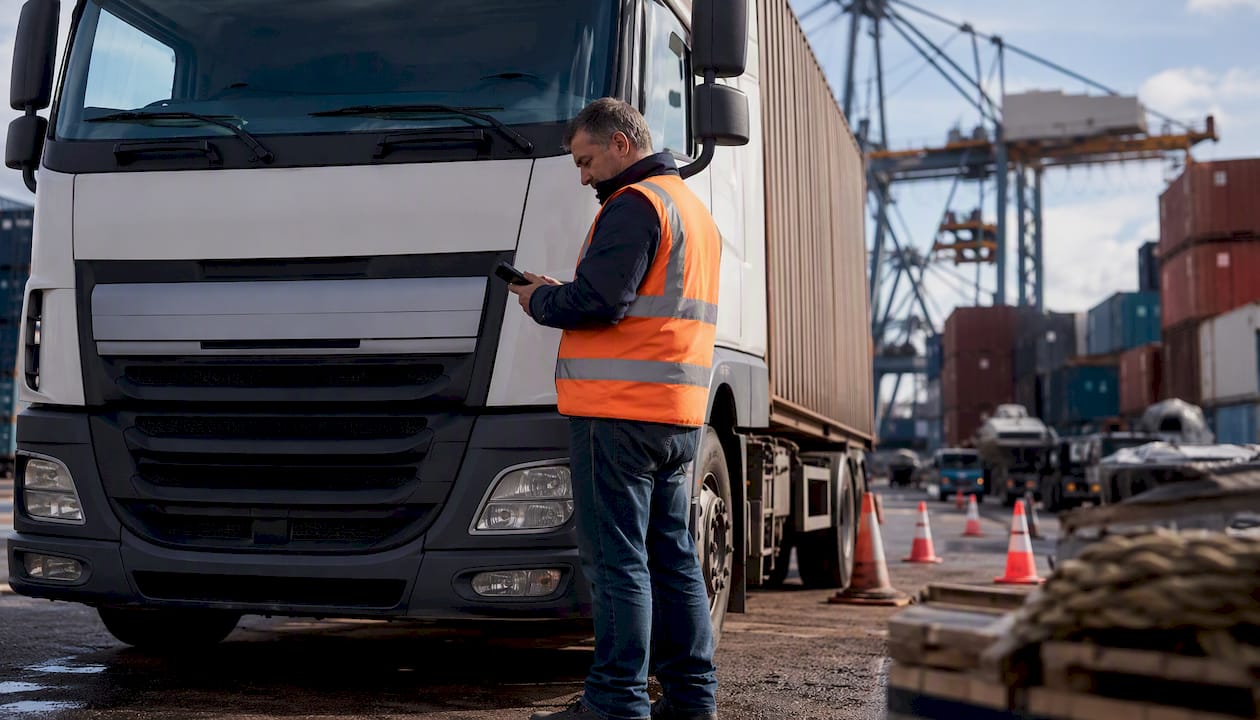 Driver checking handheld GPS at port