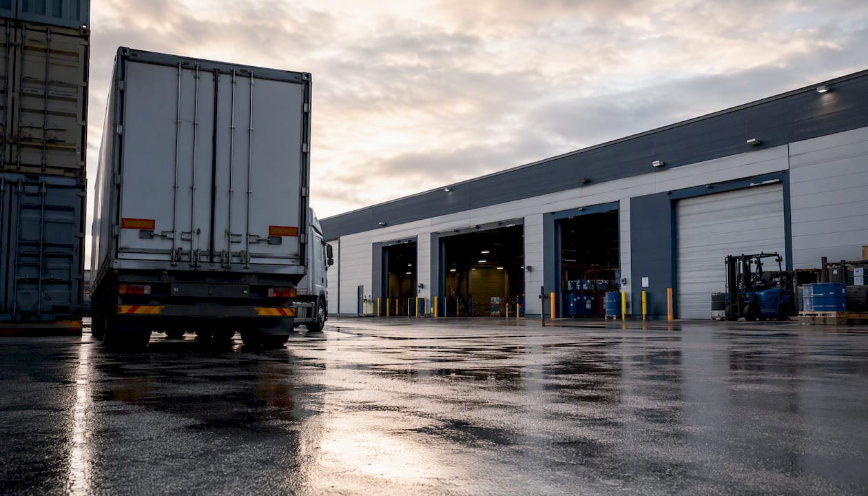 Container truck arriving at distribution centre gate