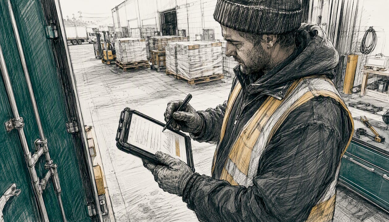 Haulage driver adding note to acceptance document