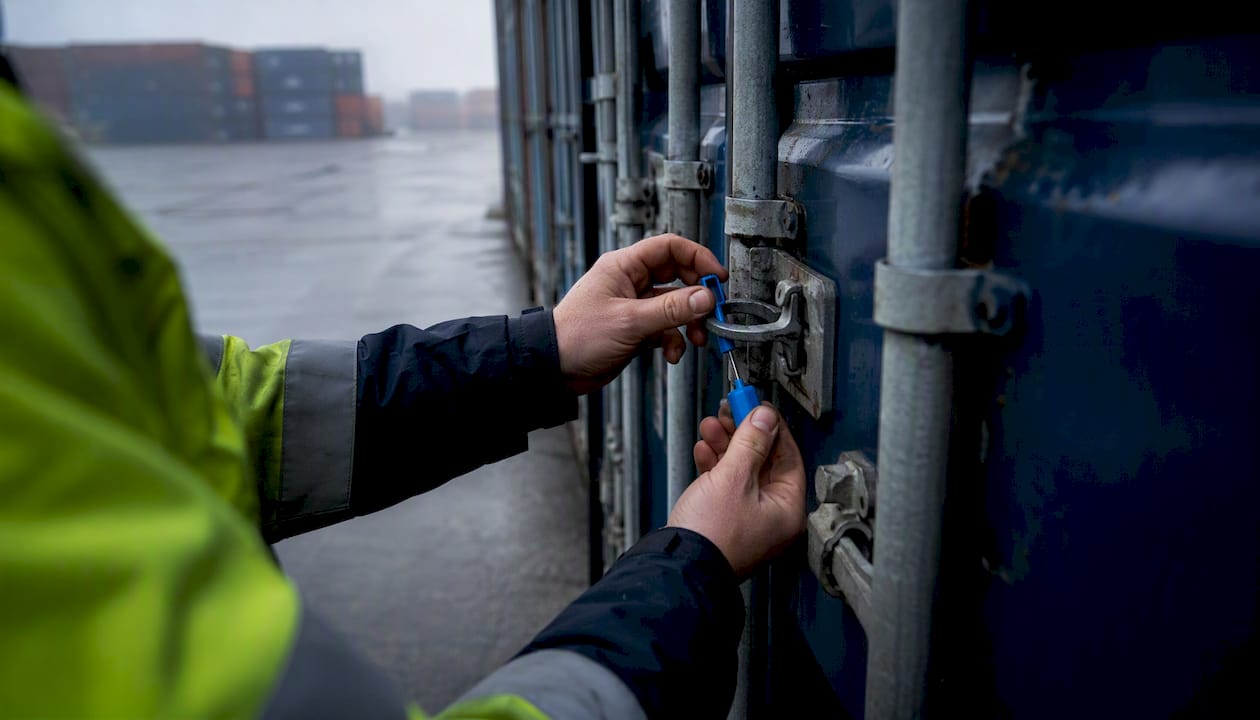 Worker applying bolt seal on container door