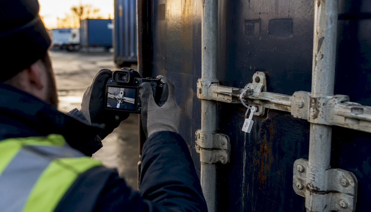 Close-up of camera photographing tampered container seal