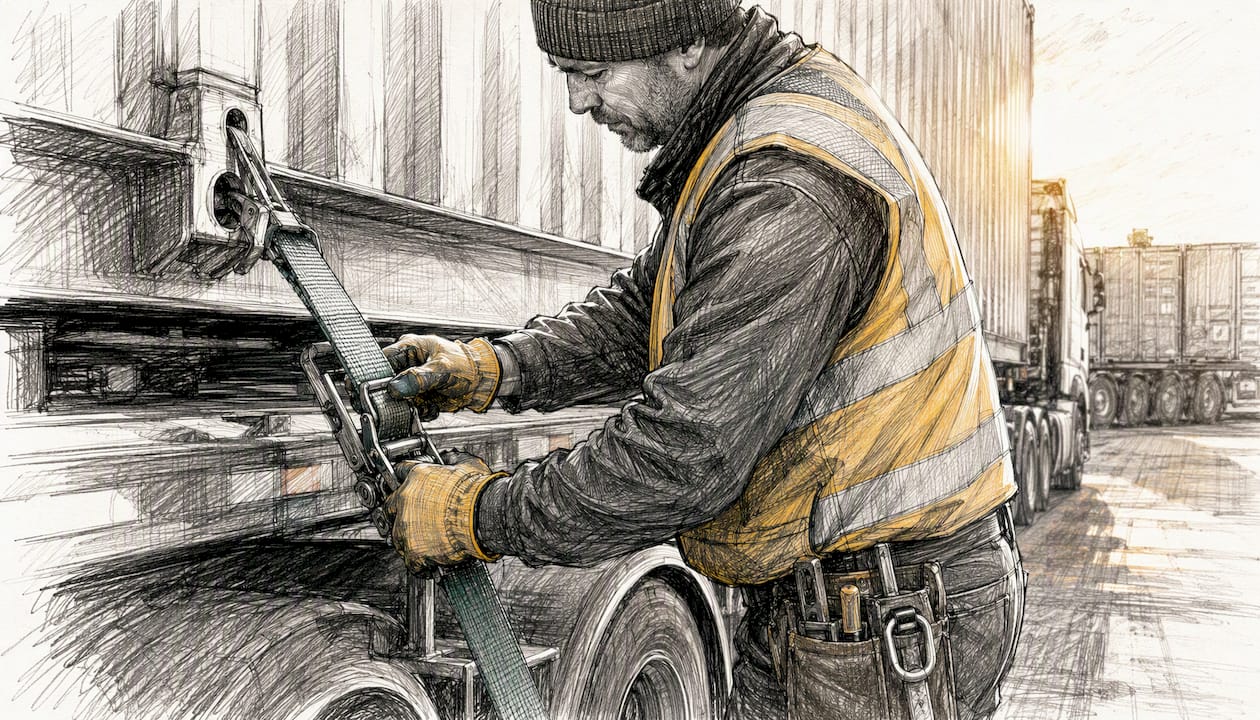 Driver inspecting trailer locking mechanism close-up
