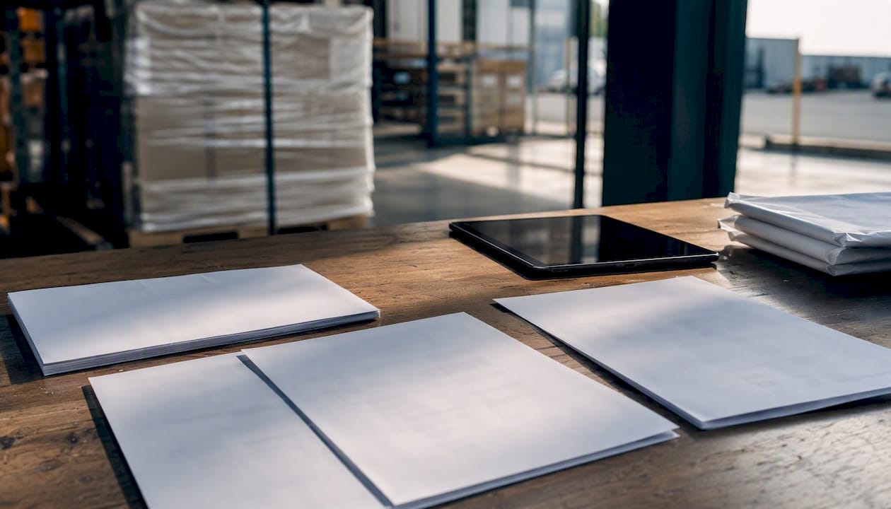 Prepared shipping documents on warehouse table