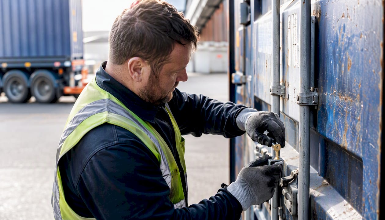 Driver securing container bolt seal at UK port
