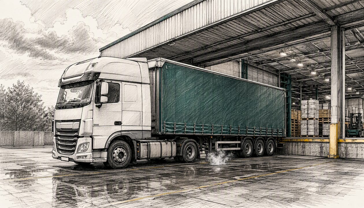 HGV engine idling at loading bay with exhaust