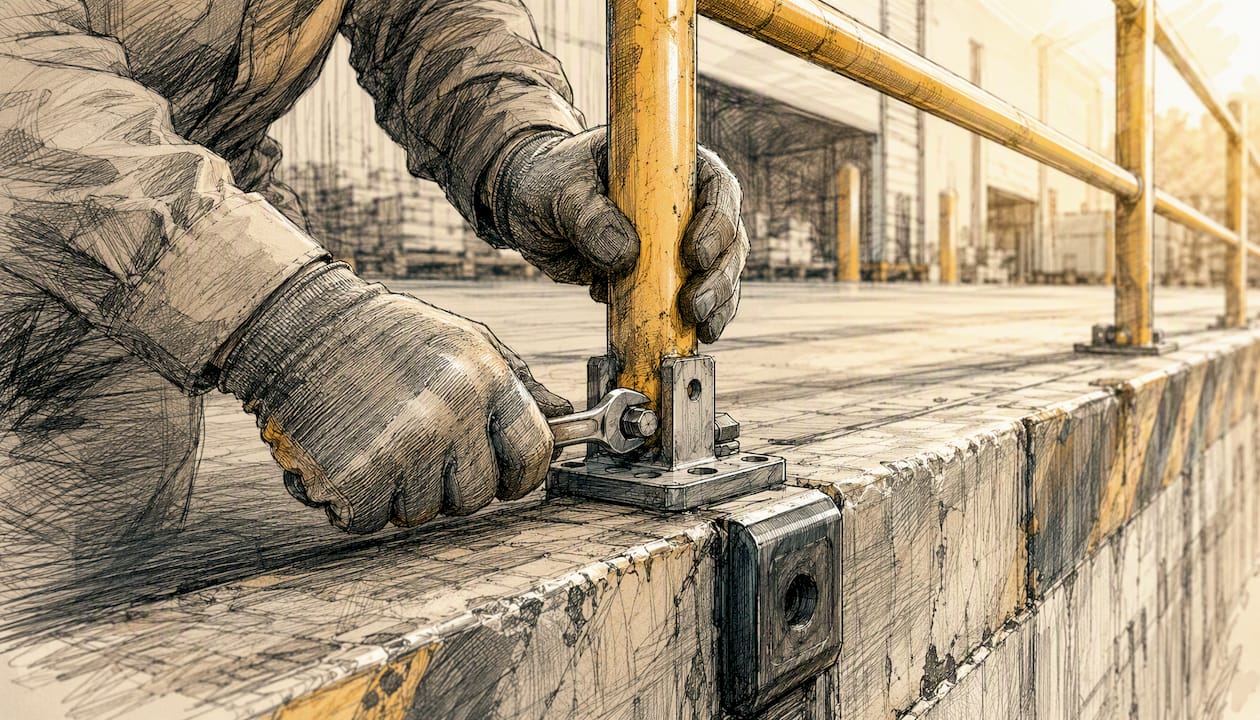 Worker installing safety rails on loading dock edge