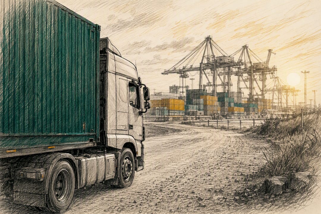 Container truck leaving UK port terminal