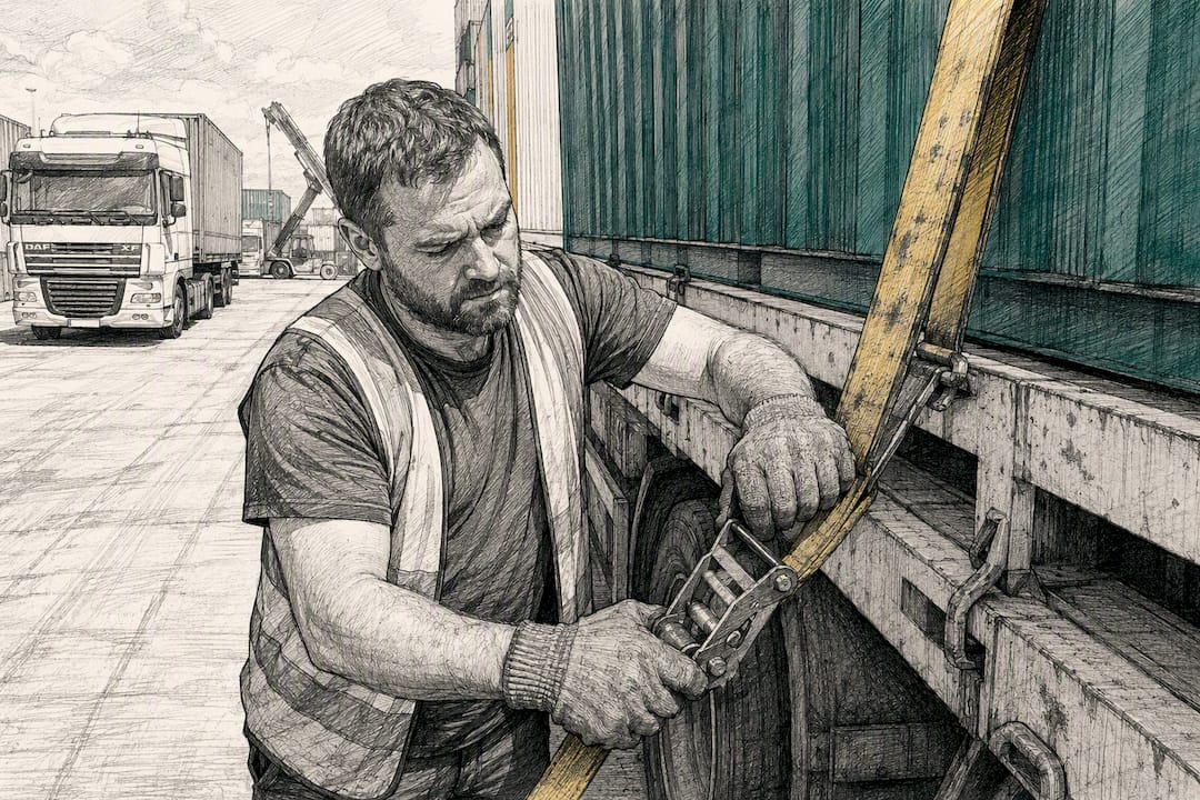 Truck driver tightening container straps at freight yard