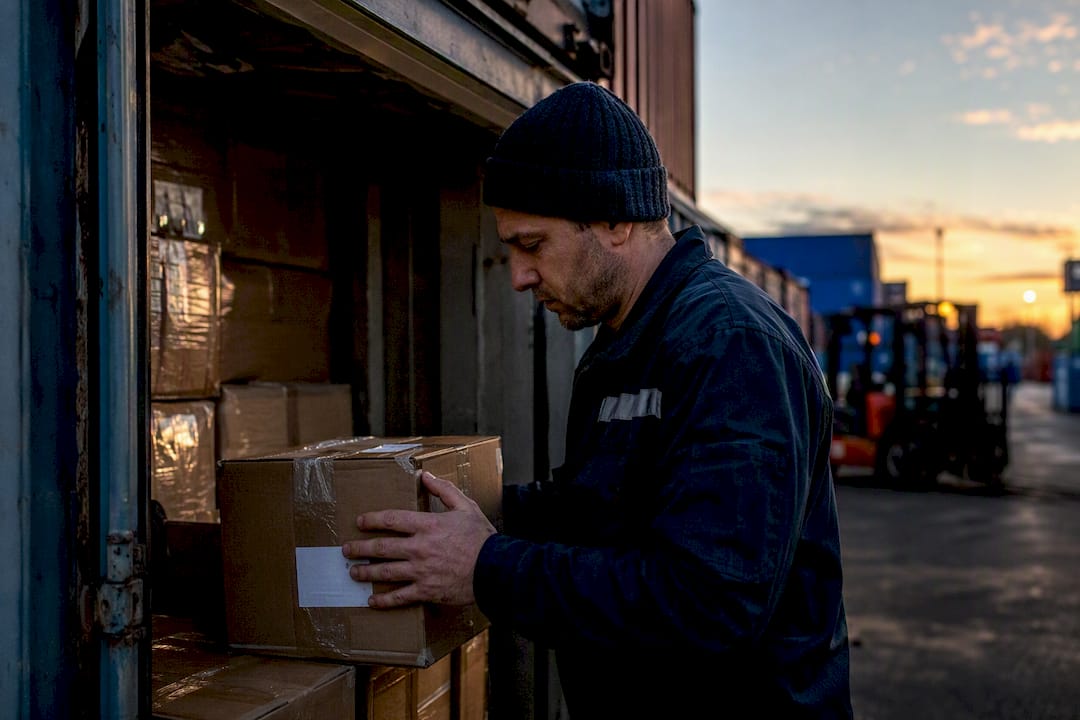 Worker verifying packed boxes in container
