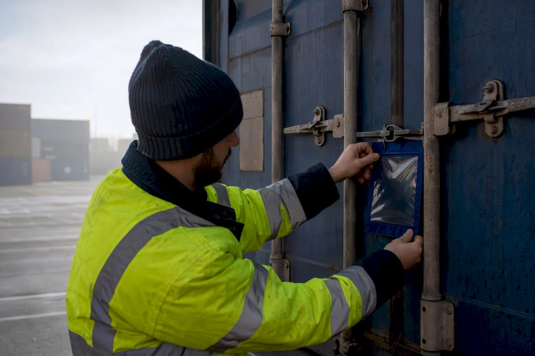 Worker attaching shipping document pouch to container