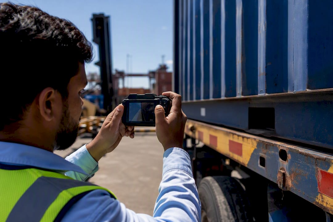 Worker photographing container ID and chassis at dock