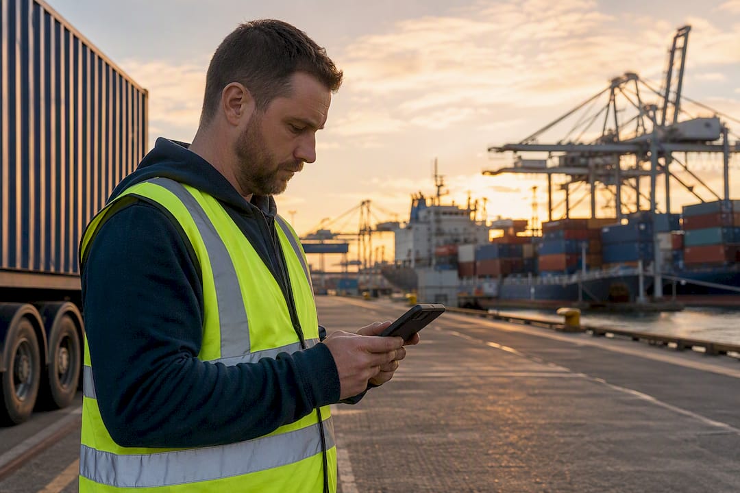 Container haulage driver booking return slot at UK port