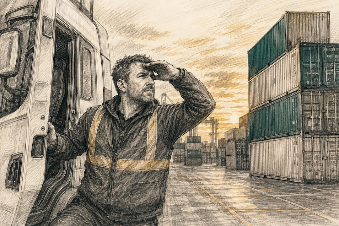 Driver looking around busy container yard