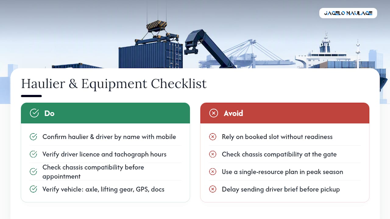 Checklist diagram of haulier and equipment readiness factors