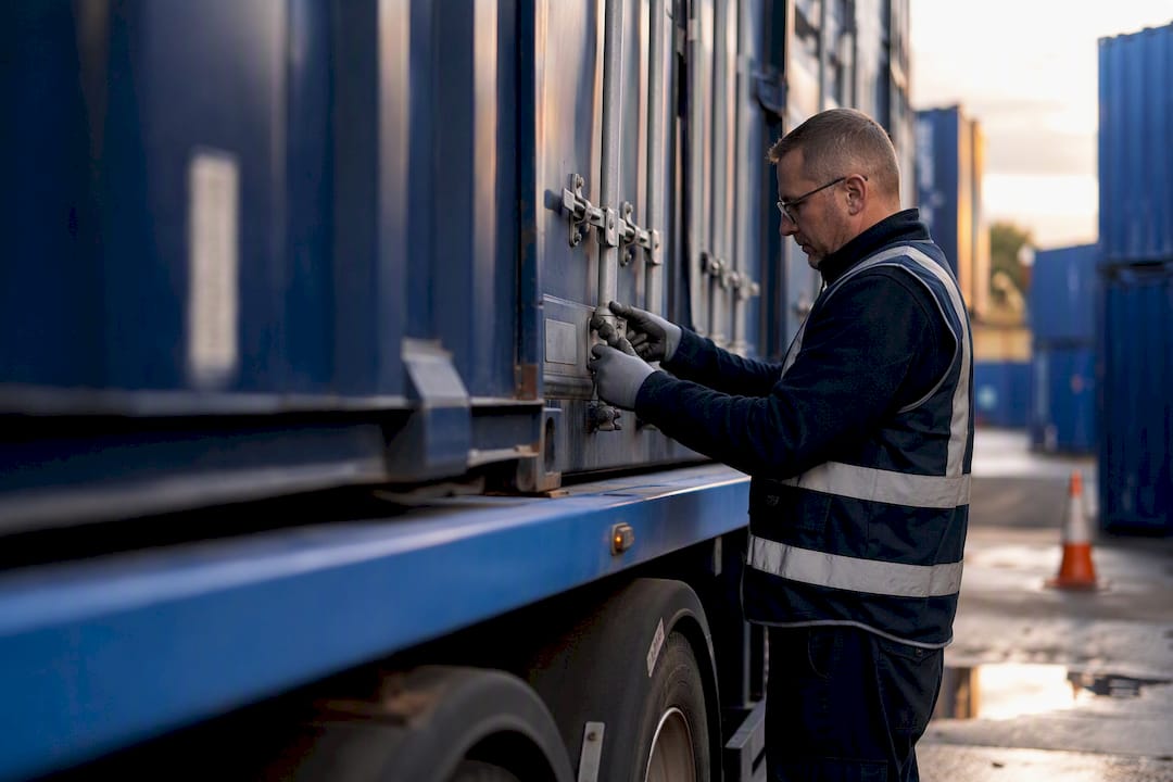 Worker inspecting container lock at port