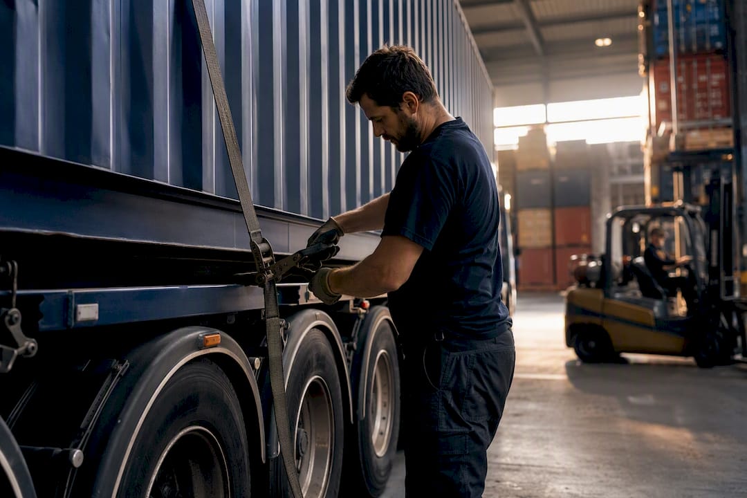Driver securing container cargo straps at dock