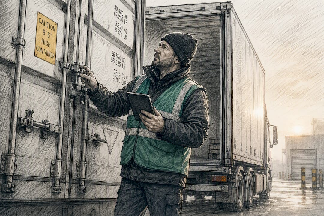 Driver inspecting container lock and access notes